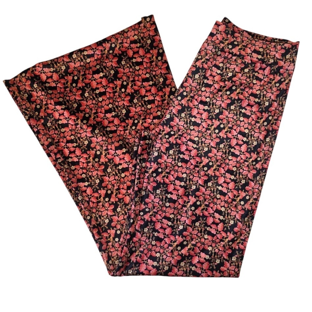 Natural Life XL Velour Flare Leg Pants Black Pink Floral Oak Leaf Flare Boho